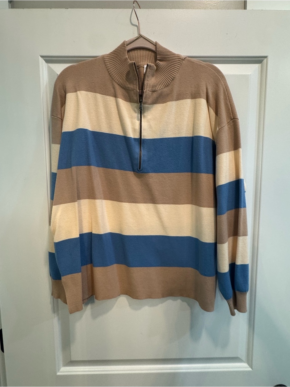 Wishlist Women’s Striped Zip-Up Sweater in Blue, Tan & Cream